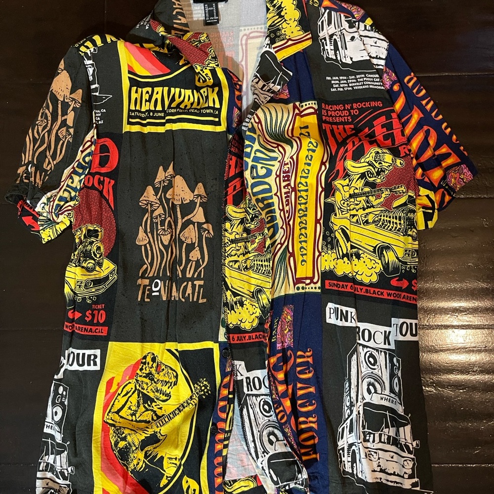 Black and Yellow Dress Shirt with Punk Rock Graphics